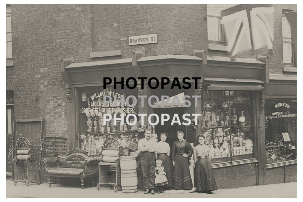 Old postcard showing William McLeod, Furniture Dealer, Brunswick St, Ancoats, Manchester