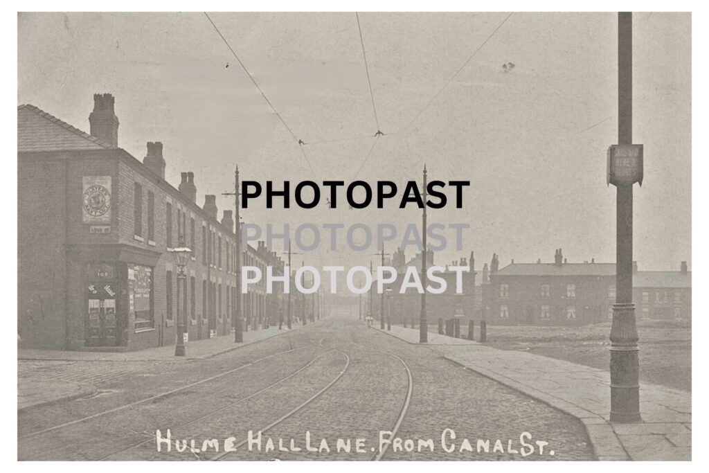 Old postcard of Hulme Hall Lane from Canal Street, Miles Platting, Manchester