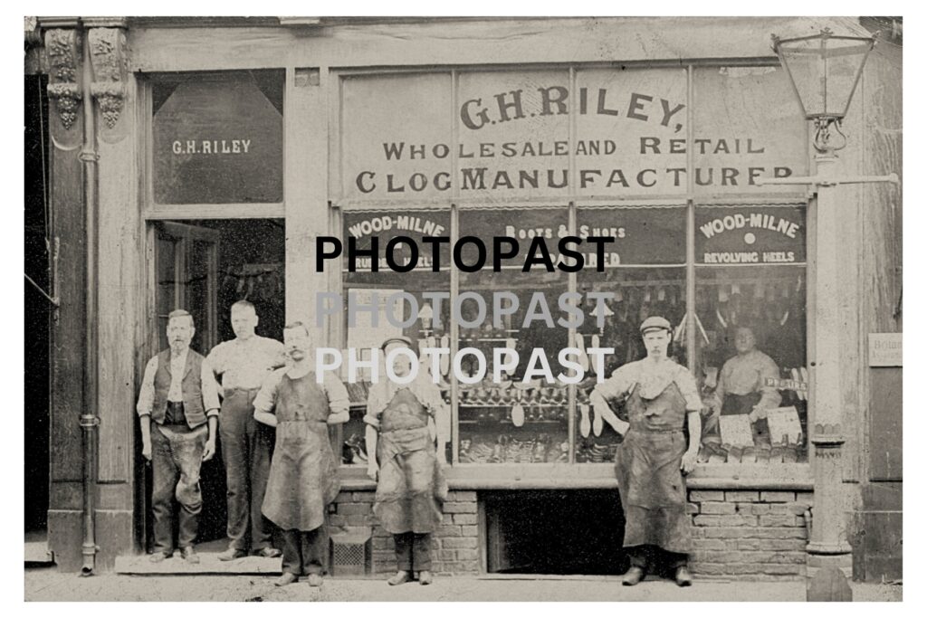 Old postcard showing the shop of George Henry Riley, Clog Manufacturer, 15 Butler Street, Ancoats, Manchester