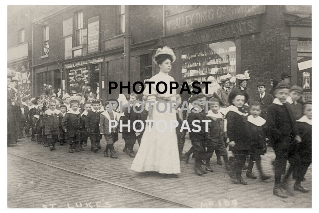 Old postcard of St Lukes Procession, Miles Platting, Manchester