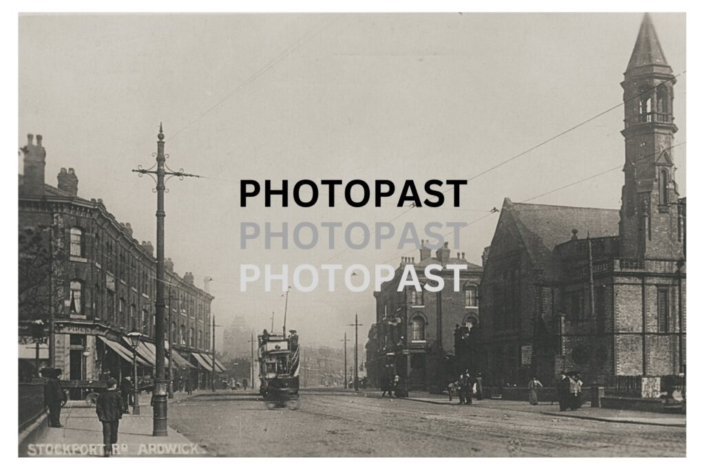 Old photographic postcard showing Stockport Road, Ardwick, Manchester