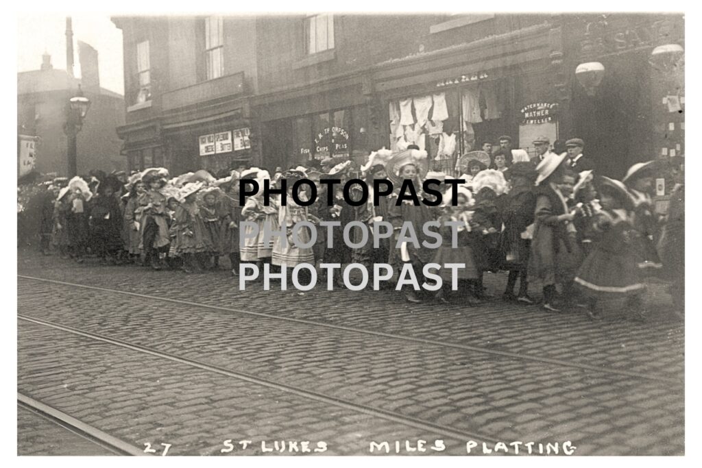 Old postcard of St Lukes Procession, Oldham Road, Miles Platting, Manchester