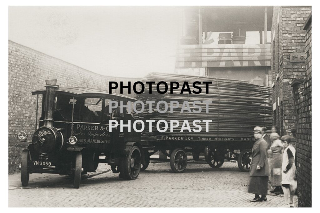 Old postcard showing the steam lorry of F. Parker, Timber Merchants, Ancoats, Manchester