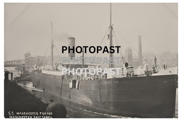 Old photograph of The SS Manchester Trader Passing Through Barton, Manchester Ship Canal, Eccles, Manchester