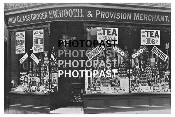 Old postcard of Frederick Booth (Grocer), 1 Lansdowne Road, Crumpsall. Manchester